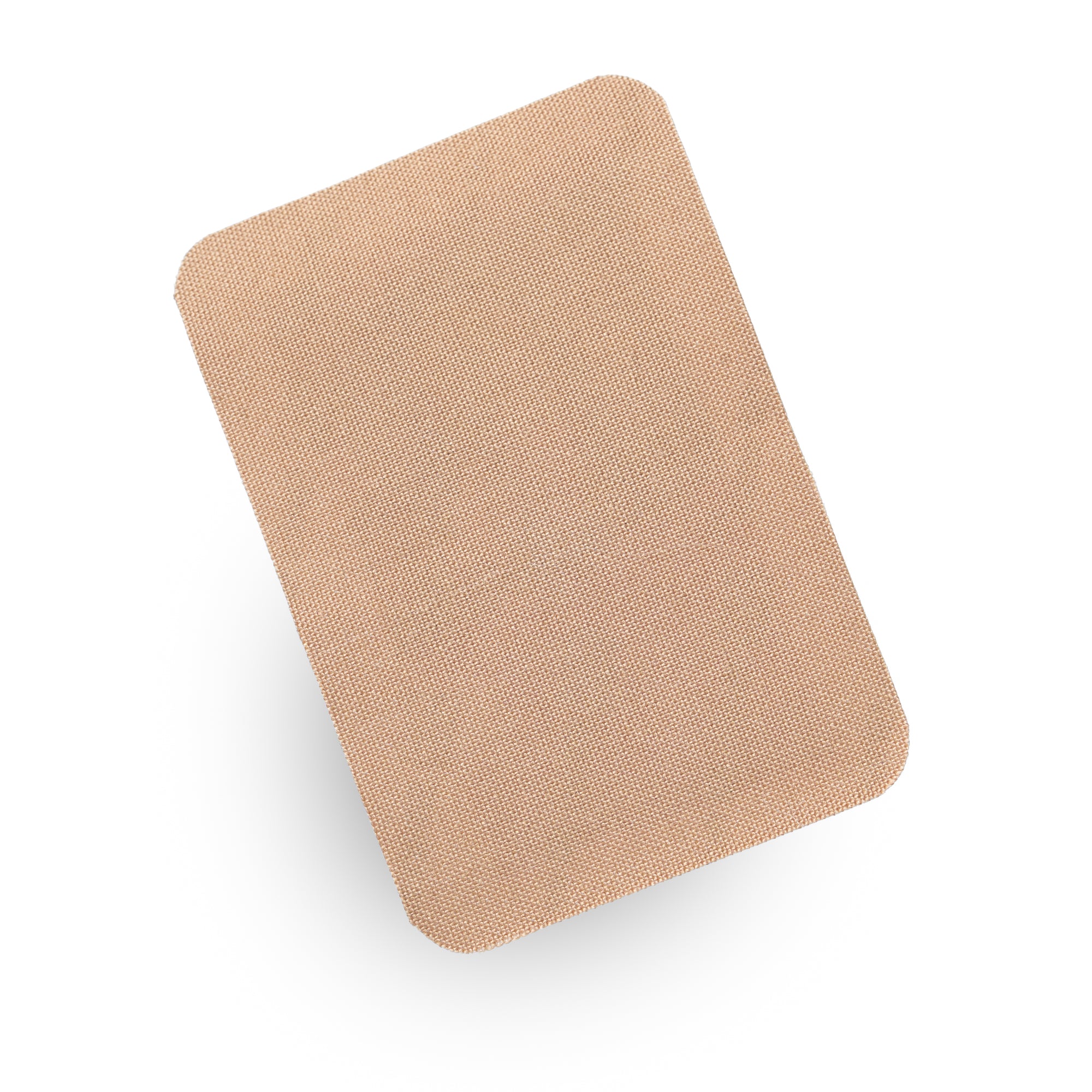 A rectangular beige fabric swatch with rounded corners, showing a fine woven texture, isolated on a white background with a soft drop shadow.